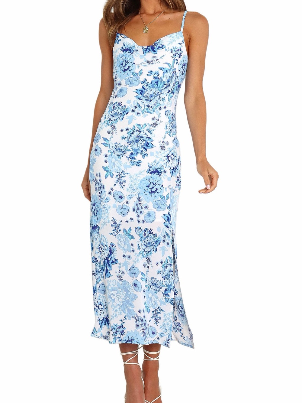 Petal & Pup Blue and White Floral Slip Midi Dress